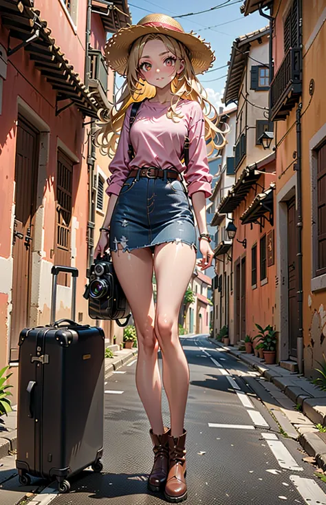 pretty tourist woman, standing posed on village 's road lane, carrying backpack, camera and suitcase around her, BREAK, (forehead, shoulder-length hair, dark-brown hair, blonde streaked hair, blonde hilighted hair, blonde ombre, 2 colored tone hair, straw ...