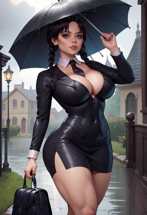 Cloudy, raining, rain, Umbrella, under Umbrella, Jenna ortega, wednesday Addams, 1girl, adult, adult,  adult, Voluptuous girl, pale skinned female, pale skinned girl, 1girls big breasts Long hair, black hair, outdoors, Bimbo Body, legs, Big tits, walking p...