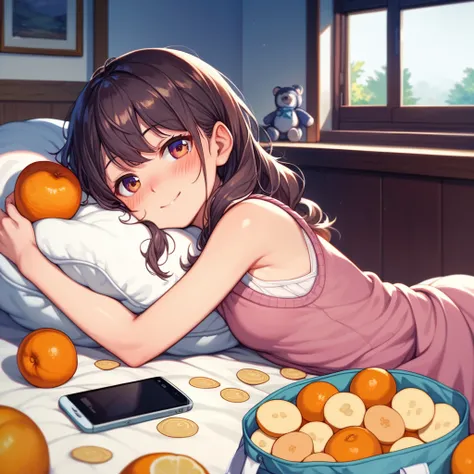 A cozy winter living room with a young girl who has fallen asleep inside a kotatsu. She rests her cheek against the soft kotatsu blanket, one arm stretched out, peacefully dozing with a relaxed expression. The kotatsu table is cluttered with an open bag of...