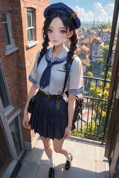 ctrl-net, teenage woman, posing, at house 's balcony, BREAK, {forehead, (long hair with twin braids), black hair, navy-blue beret}, BREAK, (light-blue shirt, short sleeves collared shirt, navy-blue neckerchief), navy-blue pleated pencil long skirt, black b...