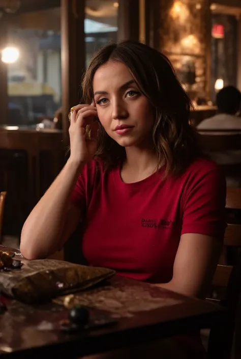 Mixed between face "sydney sweeney"  and body " ana de armas", woman wearing a red t-shirt sitting in cafe