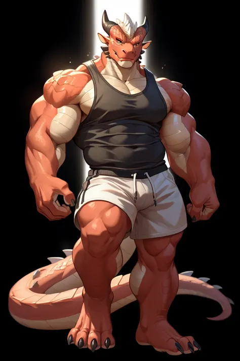 1male, solo, full body, gym background, muscular, anthropomorphic dragon, iridescent scales, gold underbelly, quicksilver eyes, folded wings, black and white tanktop and shorts, no shoes, High Resolution, Best Quality, High Details