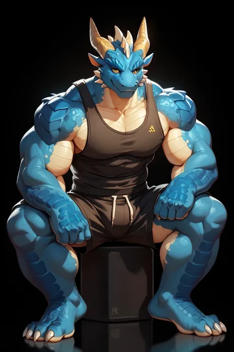 1male, solo, full body, gym background, muscular, anthropomorphic dragon, iridescent scales, gold underbelly, quicksilver eyes, folded wings, black and white tanktop and shorts, no shoes, High Resolution, Best Quality, High Details