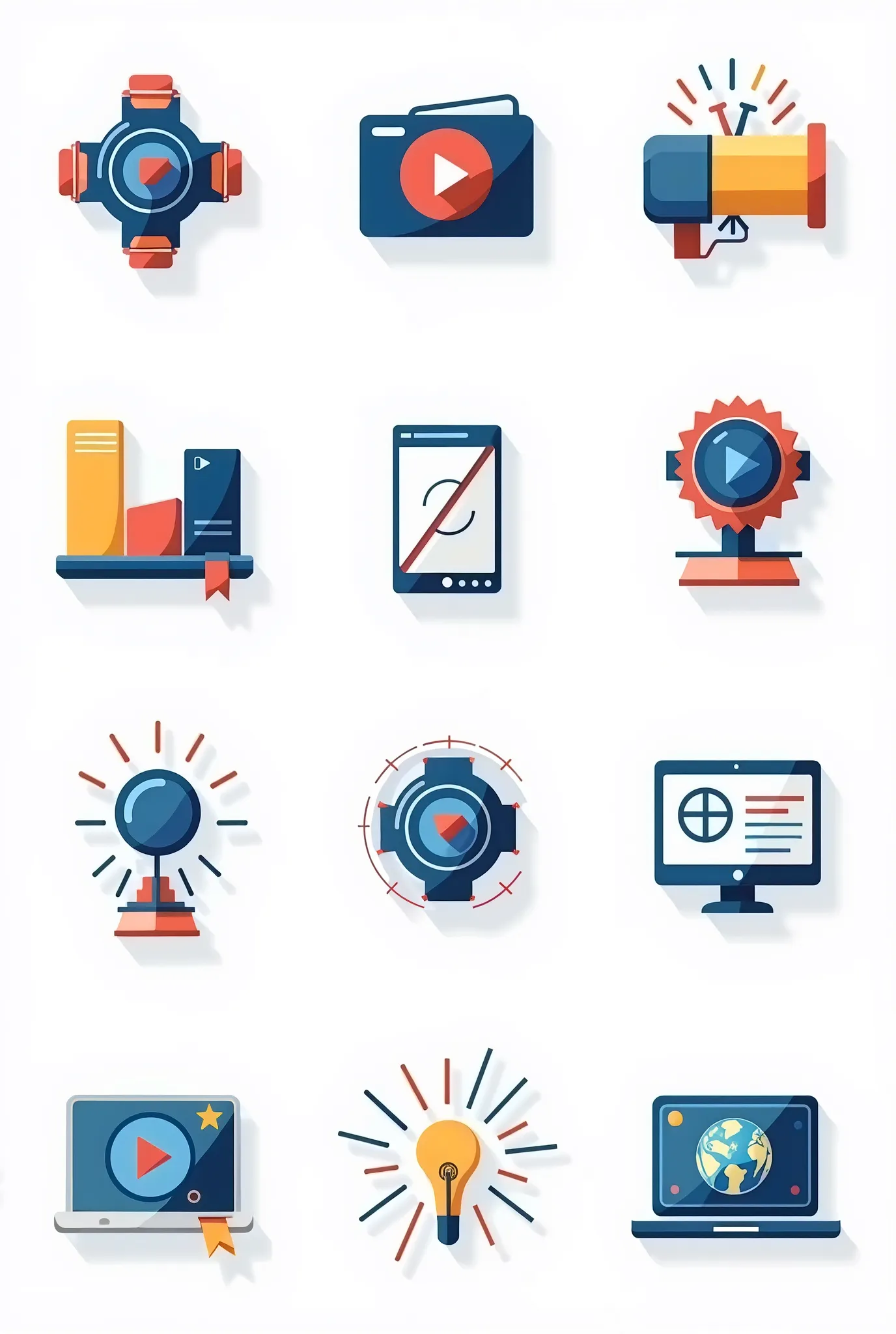 A set of bright ,  minimalistic icons ,  representing :  camera for creating videos ,  graphics for analytics ,  digital marketing computer,  meme symbols and creativity .  Unified style in vector graphics , Modern colours,  high resolution.