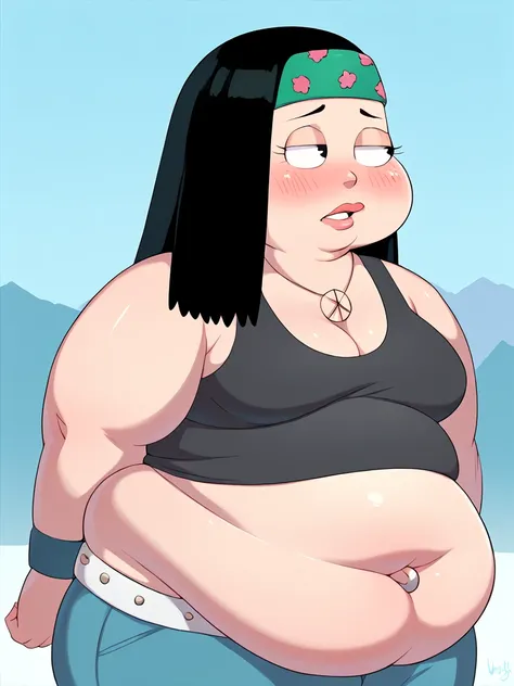 hayley, 1girl, black hair, necklace, solo, black tank top, navel piercing, navel, long hair, upper body, bulging belly, fat, double chin, chubby, obese, fat arms and legs, tight clothes, blushing, looking away viewer, averting eyes, outdoors, score_9, scor...