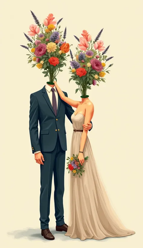 I want the second image to look like the first ,  an illustration of a couple with a bouquet of vibrantly colored flowers growing instead of their head.   The style should be similar to the example provided , with clean drawing lines and soft colors . The ...