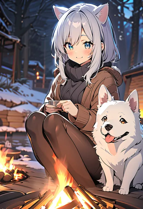 winter，    smile，          girl with dog ears  ，  Silver Hair，          White Dog Ears     ，   Bonfire，Warming ，Bonfireに両手を添える