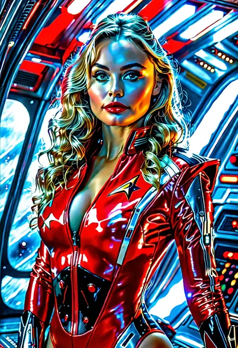 Mia Malkova, 1980s oil painting style,  a 23-year-old girl , (((((Sexy woman in a sexy red Starfleet command uniform:1.18))))), (((futuristic red Slingshot Swimsuit))), pose sexy, erotic, powerful,  bare legs ,  cleavage,  long hair suit, athletic, ((( eye...