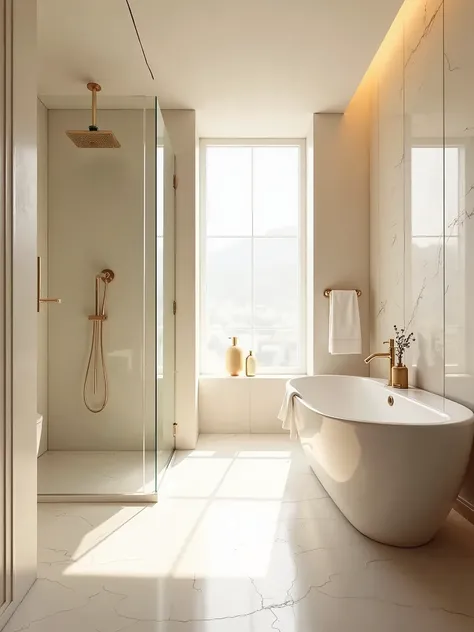 small modern bathroom, cream color palette, golden accents, walk-in shower with glass enclosure, minimalist design, clean lines, bright lighting, luxury fixtures, elegant, high-resolution, interior design