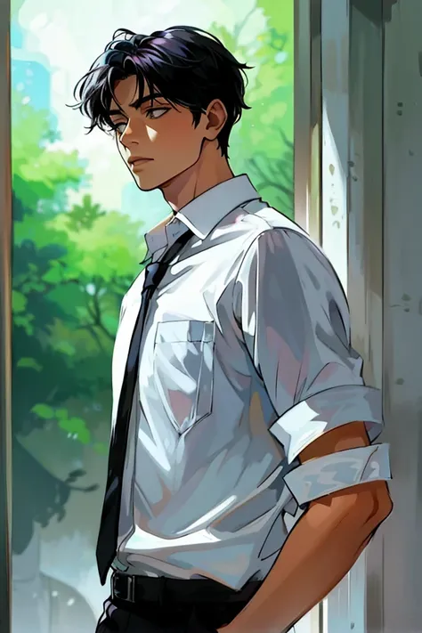 Go Eunhyuk from the Webtoon called Operation True Love, concept art, character concept, handsome main character, white shirt with short sleeves, black pants, white shoes, ((school uniform)) full body, character sheet