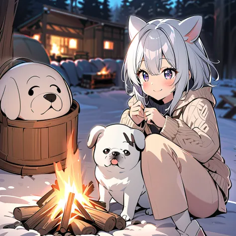 winter，    smile，              girl with dog ears    ，    Silver Hair，            White Dog Ears       ，   Bonfire，  warm，Bonfireに両手を添える， ，Dog is a white pug   ， Camp， sweater