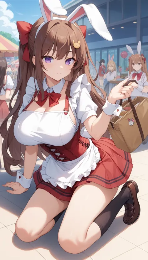 throw,  ridiculous ,  top quality,  1 girl completely naked, Alone, 赤い髪,  purple eyes,  long brown hair, big, Big Breasts, Oh Bunny,  Rabbit Ears,  Red Corset , School uniform,  apron,  red neck ribbon ,  red skirt, hair bow, Short sleeve,  wrist cuff as p...