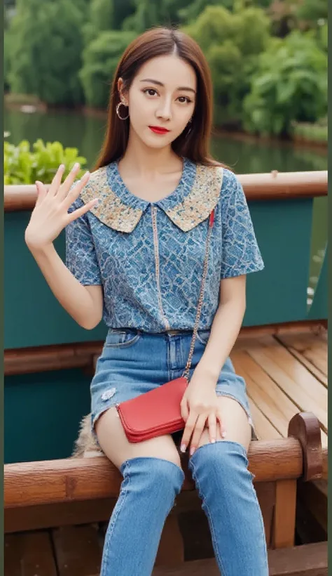  Chinese Girl  ,  Modern  ,  wearing miniskirt ,  standing on a wooden bridge , by the lake  , there are trees with leaves and flowers 