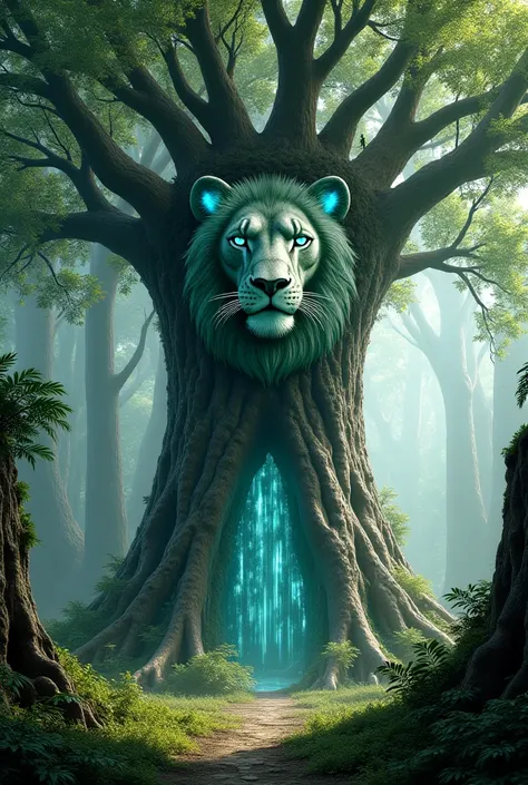 A huge magical world tree in the middle of a magnificent enchanted forest, in the heart of the tree is a face of a lion made of the bark