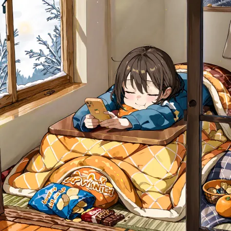 A cozy winter living room with a young girl who has fallen asleep inside a kotatsu. She rests her cheek against the soft kotatsu blanket, one arm stretched out, peacefully dozing with a relaxed expression. The kotatsu table is cluttered with an open bag of...