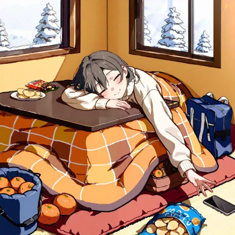 A cozy winter living room with a young girl who has fallen asleep inside a kotatsu. She rests her cheek against the soft kotatsu blanket, one arm stretched out, peacefully dozing with a relaxed expression. The kotatsu table is cluttered with an open bag of...