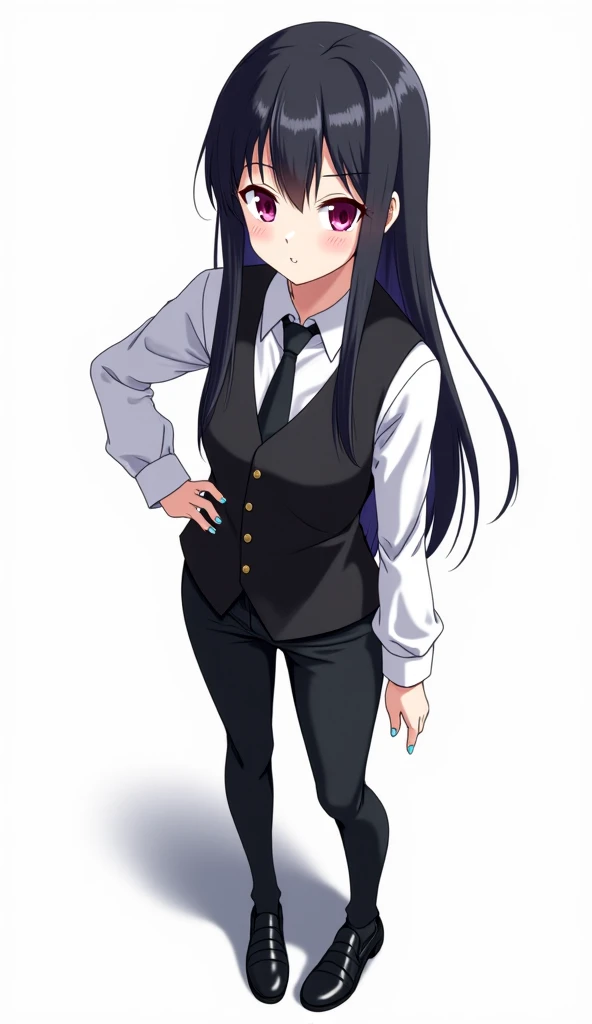 Japanese anime adolescent woman with long straight black hair and intense magenta eyes and light blue nails and wears a white long-sleeved shirt with a classic collar, combined with a black tie and a black vest with short sleeves and with shiny black leath...