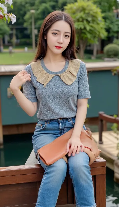  Chinese Girl  ,  Modern  ,  wearing miniskirt ,  standing on a wooden bridge , by the lake  , there are trees with leaves and flowers 