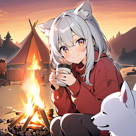 winter，    smile，               girl with dog ears ，     Silver Hair，             White Dog Ears        ，   Bonfire，   warm，Bonfireに両手を添える，   sweater ， Camp， drinking coffee 