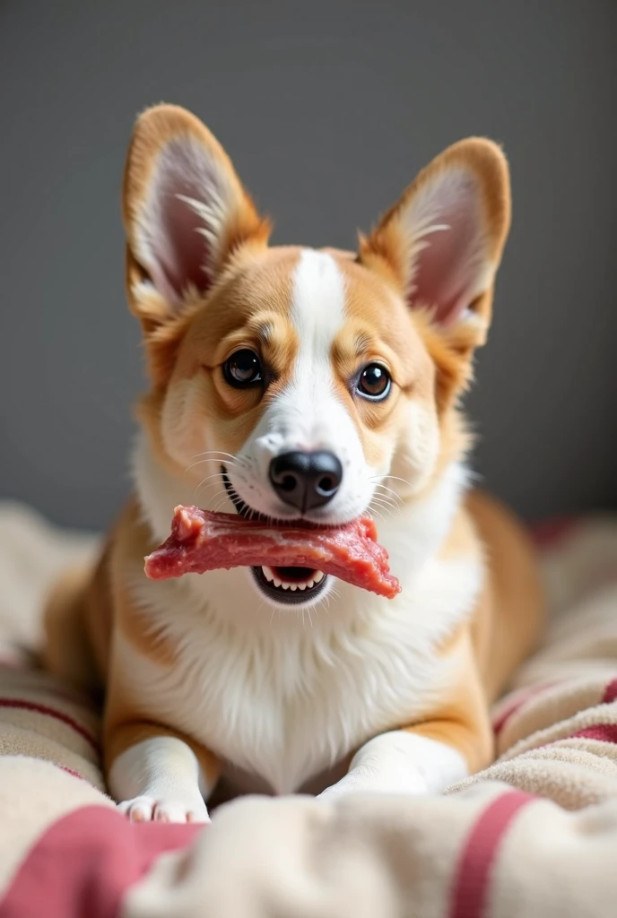 Corgi, young, lies on a beige blanket.  The dog is in the center of the frame .  She looks directly at the viewer .   The dog has a light ,  golden coat .  A dog has a bone in its paws.   The face is cheerful .   The color scheme of the image is calm and p...