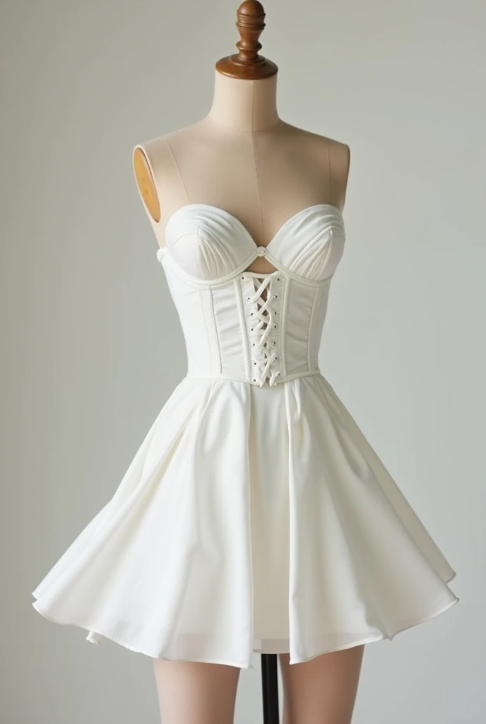 Short white dress from thigh to knee with satin waves and a delicate corset