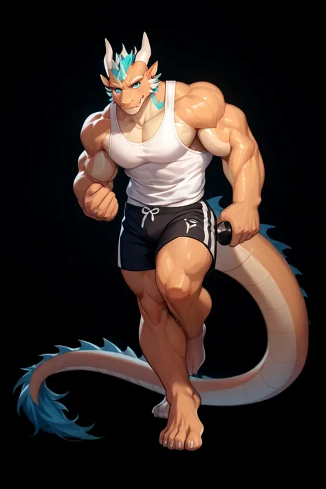 1male, solo, full body, gym background, muscular, anthropomorphic dragon, cyan scales and tan secondary, quicksilver eyes, folded wings, black and white tanktop and shorts, no shoes, High Resolution, Best Quality, High Details, All the details