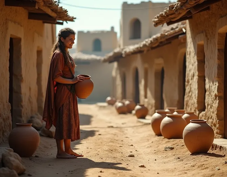   Create an old village with dirt streets and old houses from before Christ,  a woman holding a clay pot  , There are several vases on the floor at your feet  