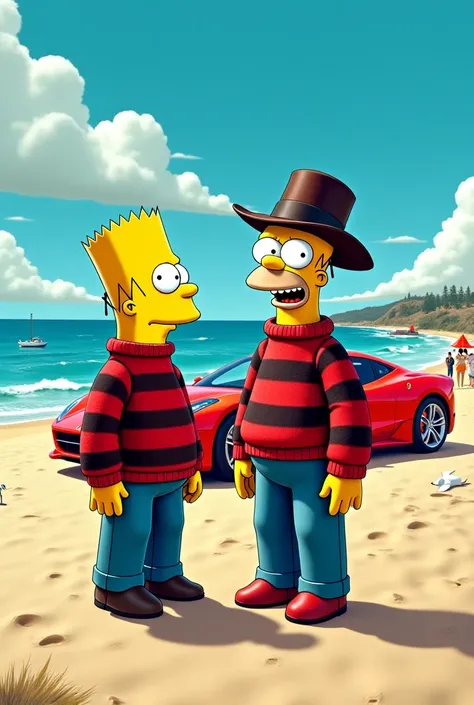 Homer simpson e freddy krueger na praia com ferrari