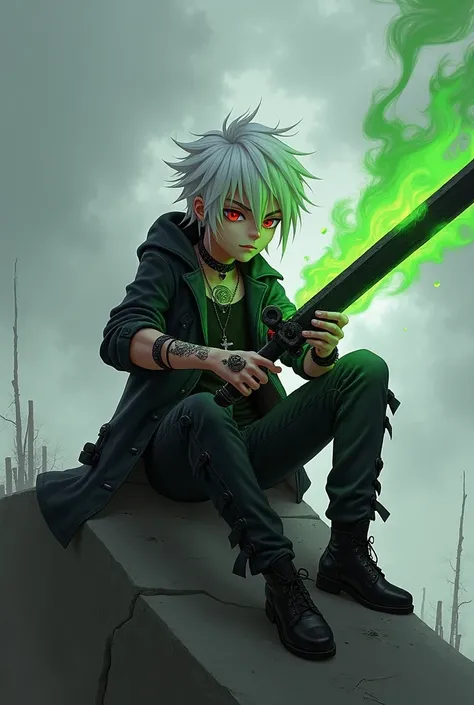 Animate mode: a white-haired, red-eyed boy in rebellious clothes with a black sword in his hands that emanates green flames sitting on a stone under a gray sky