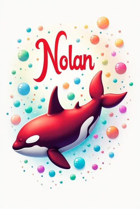 A small red and white killer whale surrounded by rainbow bubbles with Nolan written above 