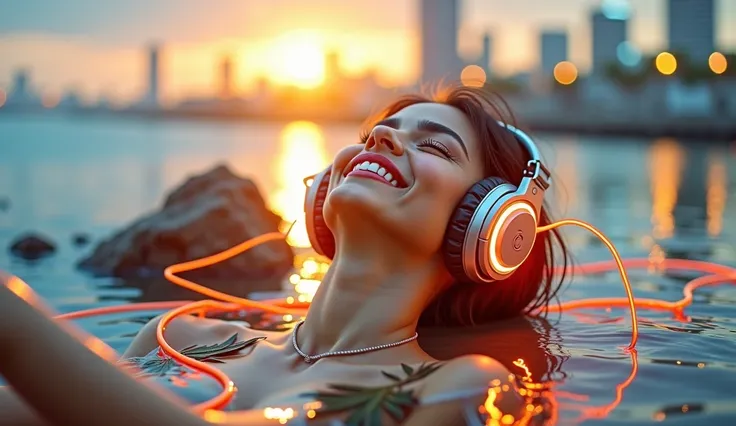 Priyanka Chopra look a like, glowing wires, headphone, she is smiling and enjoying the music intense dark city, reflective puddles, neon signs,, Photorealistic, Hyperrealistic, Hyperdetailed, analog style, soft lighting, subsurface scattering, realistic, h...