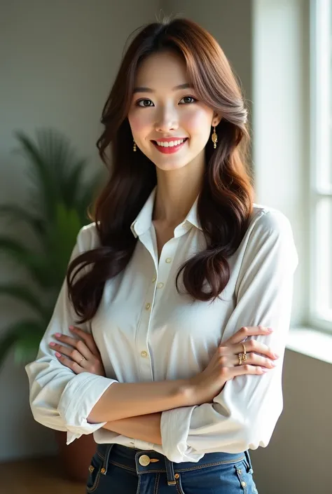  masterpiece, 8k,  photorealistic,26-year-old woman,  Japanese woman with a round face  ,  glowing skin like porcelain  ,  porcelain shiny skin , Long Hair, brown hair,smile, earrings, facing the front , dark blue skinny jeans,long sleeve shirt with white ...