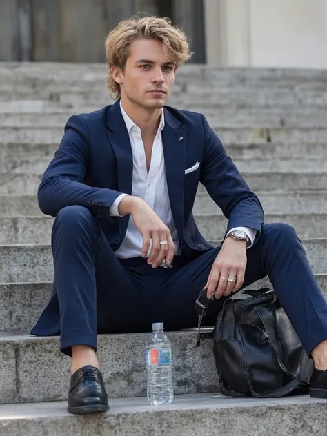 A stylish, confident young man sits relaxed on an outdoor stone staircase. He is wearing a fitted navy suit, paired with a white shirt unbuttoned at the collar. His blond hair is slightly disheveled, and he has a contemplative, intense look in his eyes. He...