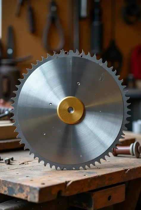  The saw disc from the circular saw lies on the rough wooden workbench ,  on its surface is one golden YouTube button ,  the metallic luster of which contrasts with the rough ,  worn texture of the saw disc , on the background with the muted ,  in earthy s...