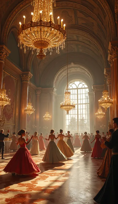  A grand ballroom with high chandeliers hanging from the ceiling. .  There is a banquet with waltzes . Music is playing ., Royal Palace, medieval europe