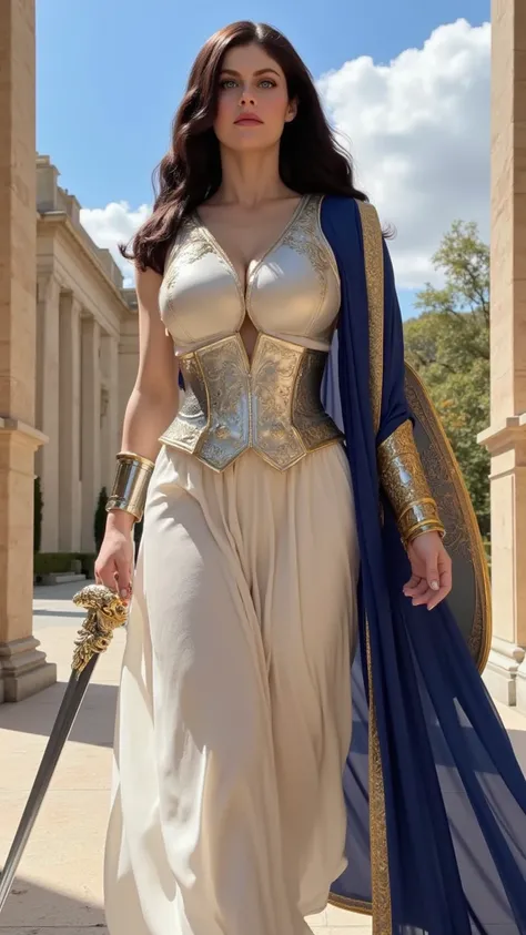 Alexandra Daddario reimagined as a majestic hot and gorgeous goddess Athena walking and holding in one hand celestial longsword In her other hand, she carries a gilded shield､1 female､ full figure, full body, cleavage, 

A striking, statuesque figure exudi...