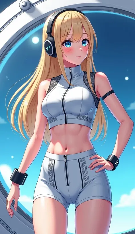 Detailed anime illustration, pixiv style,anime love-live style, zero gravity space. Woman dressed in white spaceship high-tech capsule, cold sleep device. Japanese woman, blonde long hair, blush,shy,wearing futuristic underwear with biosensors and circuit ...