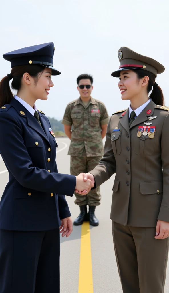 (  Ultra Precision Imaging  ), (8k), (  very detailed ), ( written on them  :1.3), , (  from below: 1.3), (  Ultra Realistic Image :1.2),  beautiful woman, (  anatomically accurate ),(A female South Korean officer and a female North Korean officer shaking ...