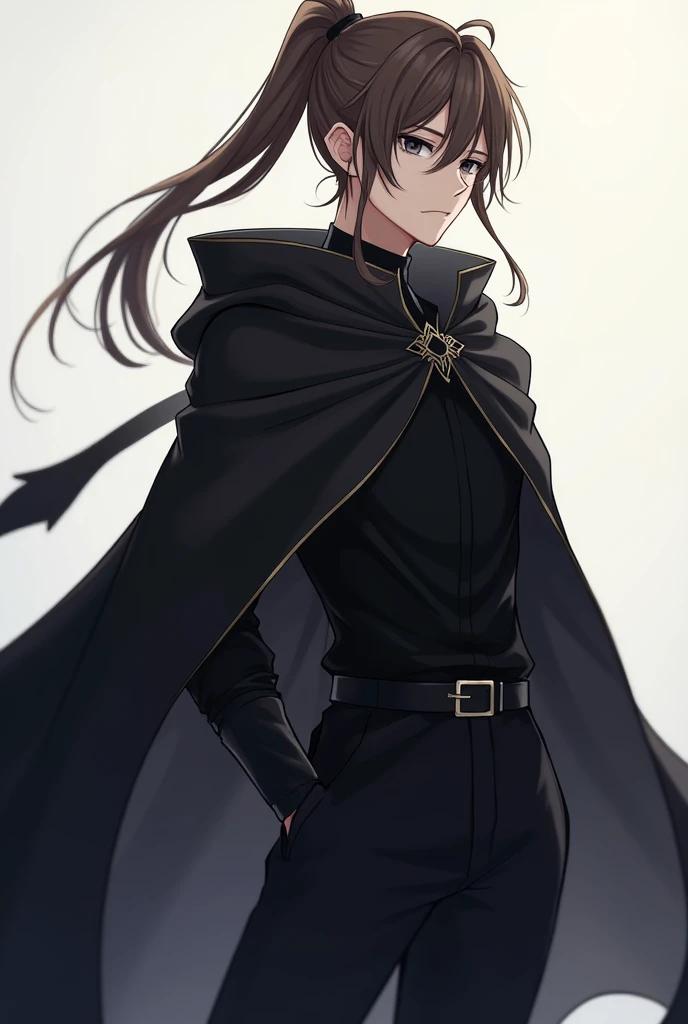 An anime male that looks 19. He has light skin, long brown hair tied in a ponytail, and black pupils. He wears a dark black tunic and legings, and a black cloak with the hood down