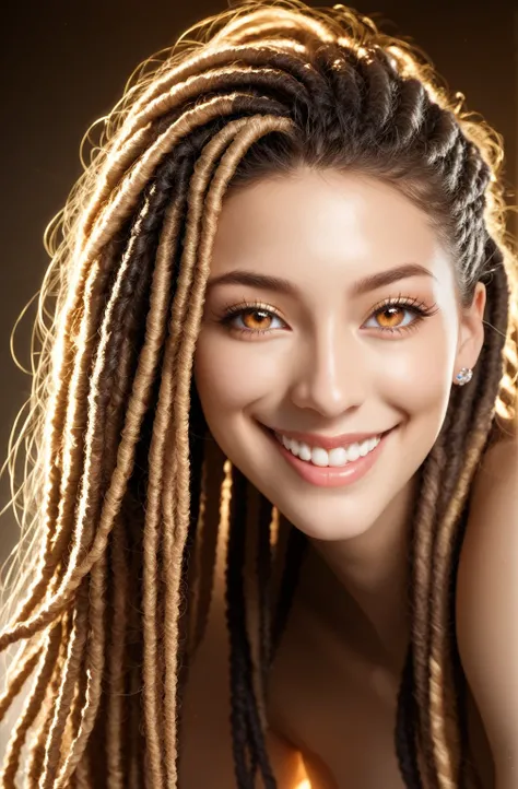 Very beautiful Steampunk lady, (((with dreadlocks multicolors))) long hair, big smile, white teeth, naked, hyperrealism, photorealistic, 8k, unreal engine,score_9, score_8_up, score_7_up, source_anime,