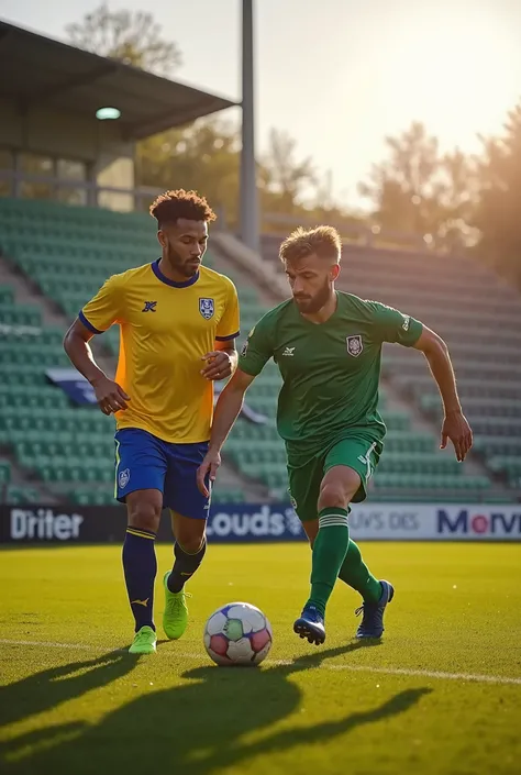 Create an image where Cour-Dimanche faces Jouy le Moutier in a soccer match at the Stade des Mersiers  . The weather is nice, it's the afternoon, a little before sunset.

Without the stands and the Cour-Dimanche team has a yellow jersey but blue shorts and...