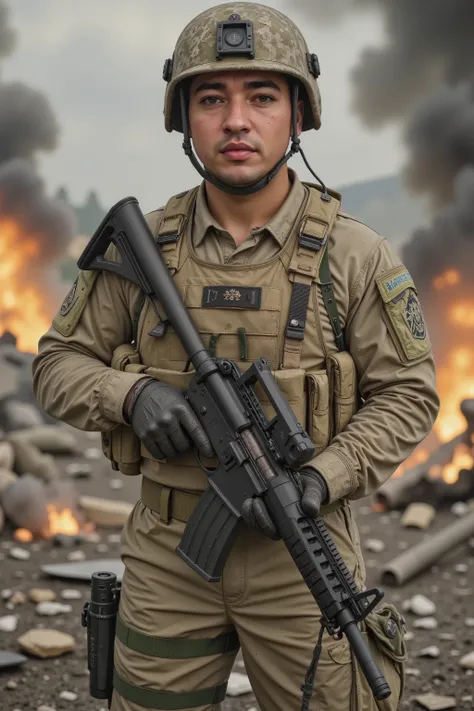 A soldier in the middle of a battlefield , holding firmly a modern rifle in his hands , surrounded by intense explosions and debris , with smoke and flames in the background . The soldier wears a full military uniform , including tactical vest , helm...
