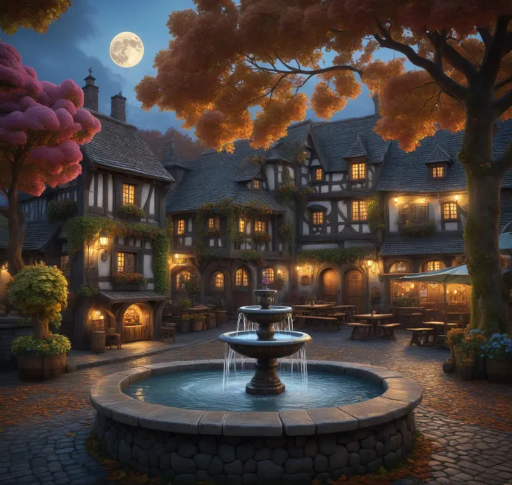 masterpiece, best quality, high quality, extremely detailed CG 8k wallpaper unit, scenery, outdoor, establishment, medieval tavern, autumn sky, autumn dusk, autumn-winter, overcast sky, big moon shining, award-winning photography, Depth of Field, HDR, flow...