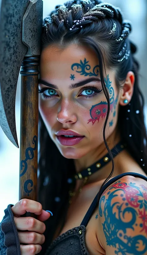 A mesmerizing, ultra-detailed close-up of a striking Viking warrior woman, her face adorned with intricate, colorful Nordic tattoos, each symbol woven with ancient meaning and mystery. The designs, flowing like battle scars across her high cheekbones and d...