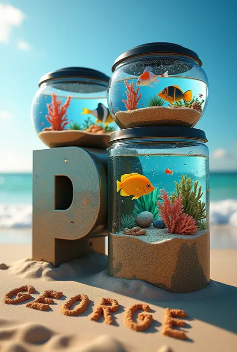 A 3D visual masterpiece of the word "GPS" atop one another, rendered creatively. Each letter of the name is transformed into a miniature aquarium filled with shiny vibrant and diverse coloured fish, swimming among beautiful coral reefs. The sandy ocean flo...