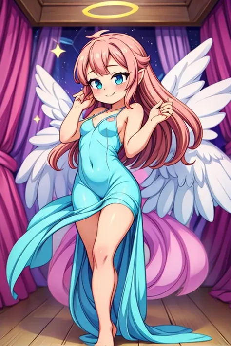 (masterpiece, best quality) cute anime angel girl, Brown long hair, delicate angel wings, barefoot, sexy smiling, sexy pose, coquette, beautiful long legs, mature girl, gorgeous body, standing, intricate details and sunlight, ethereal indoor scene, gentle ...