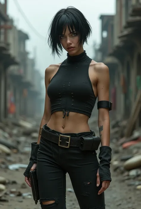 A woman with a sharp jaw, with fair skin, short black hair, vivid green eyes, delicate features with a naturally bitch resting face, athletic yet full build with thick thighs and a big ass; In a post-apocalyptic setting, wearing black rugged attire, standi...