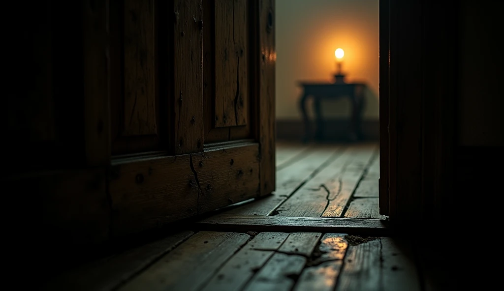 A close-up of an old wooden door in the mansion, cracked and weathered with age. The camera zooms in on faint scratch marks along the floor near the door, suggesting something had been dragged across the ground. In the background, soft, ambient light from ...