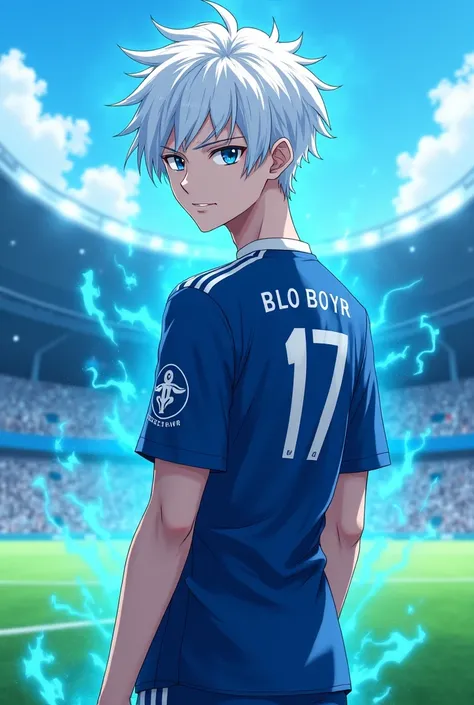 Create a 16-year-old man,  with white hair in a fringe hairstyle , white skin,  sky blue eyes,  aura dark blue , wearing the jersey 17 ,  on the soccer field in the style of Blue Lock 