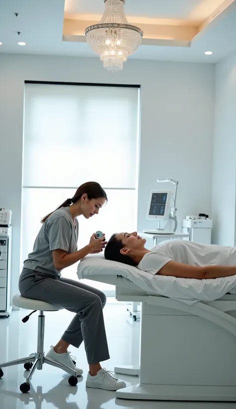 Woman ammazing body robot with chrome, nikel skin, hair pulled back, mid-thirties, Caucasian, is seated on a white, adjustable stool in a spa or beauty salon. She wears a light gray/white scrub top and dark gray trousers.  She is wearing white med trabings...